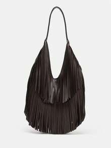 1个棕色时尚女士单肩包，流苏装饰女士手提包，适合骑摩托车、外出、搭配时尚服装 - 棕色 - 查看 8