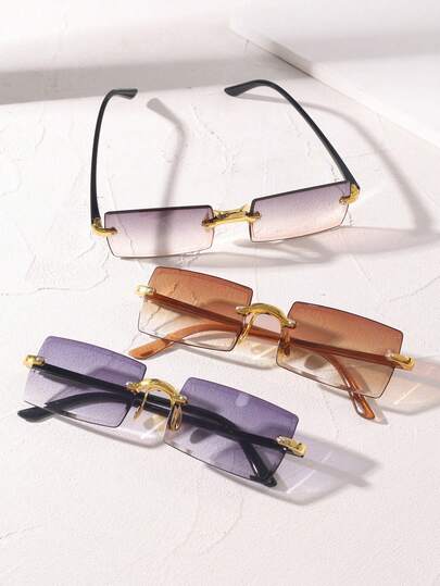 3 pares de nuevas gafas de moda sin marco, de corte cuadrado y degradado con temática oceánica - Gafas de estilo callejero para influencers.