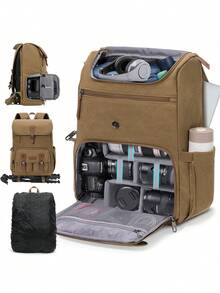 15.6 Inch Laptop Camera Backpack, Suitable For DSLR Cameras, Anti-Theft, Tripod Holder, Rainproof Cover, Black/Khaki - Multicolor - View 12