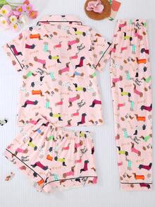 3pcs Sets Breathable Short Sleeve, Women Pajama Sets, Shorts & Long Pants, Lapel Button Short Sleeve. Suitable For All Seasons, Comfortable Loose Fit, Cartoon Sausage Dog Animal Pattern - Multicolor - View 2