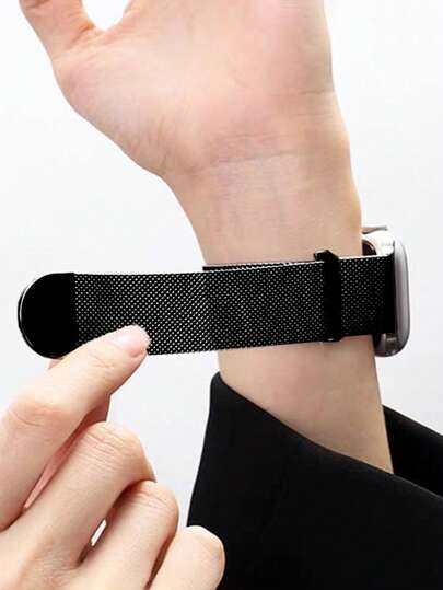 1pc Unisex Classic Stainless Steel Dual-Buckle Magnetic Milanese Loop Band Compatible With Apple Watch Series 10 9 45mm-38mm, Series Ultra/SE/10/9/8/7/6/5/4/3/2/1, Black Fashionable Band, Smart Watch Band, Watch Band Accessories, Breathable Non-Sweat, Popular Spring/Summer Item