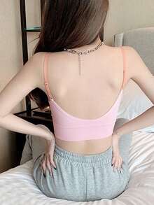 Summer Cropped Exposed Back Letter Print Camisole, Slim Fit Tank Top - Pink - View 3