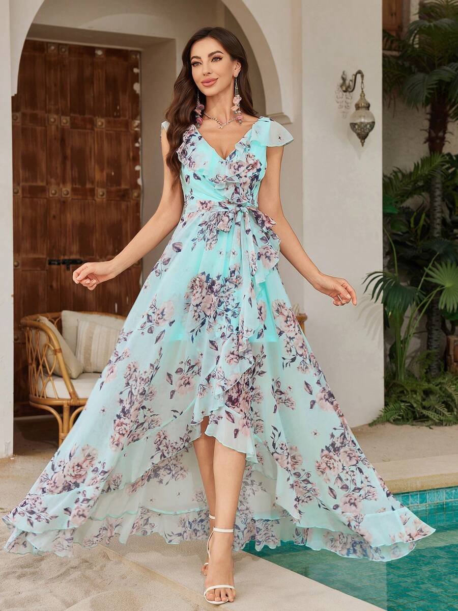 UNITHORSE [Hoa không định vị] Váy phù dâu in họa tiết, cổ chữ V, cổ bèo nhún, dây buộc rời, vạt bèo nhún bất đối xứng - Màu xanh nhạt - Xem 1