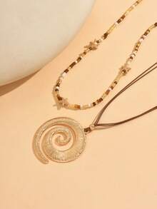 2pcs/Set Handmade Alloy Starfish & Mixed Bead Choker Necklace, Bohemian Style Fashion Conch Pendant Braided Rope Necklace, Suitable For Daily Wear, Travel, Party - Multicolor - View 3