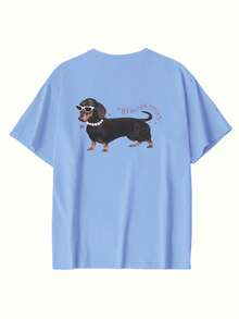 2026 Summer Women's Customized Pure Cotton Light Blue T-Shirt, Left Chest Cup-Holding Dog, Back Fashion Glasses Dachshund Dog, Red Lettering, Casual Style - Light Blue - View 4
