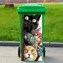 1张可爱猫咪主题垃圾桶贴纸 - 自粘塑料垃圾桶贴纸，尺寸为14.57 x 32.28英寸，易于安装，室内/室外均可使用，适用于室外垃圾桶和室内垃圾桶，游戏主题设计，易于安装的贴纸 - 款式1 - 查看 4