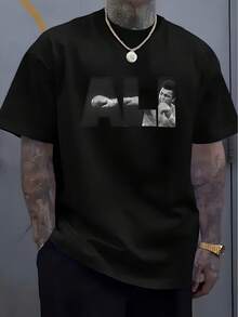 Men's Casual Boxing Graphic T-Shirt- Soft Breathable, Summer Tee With Ali Tribute Print, Regular Fit Round Neck For Gym& Casual Wear - màu đen - Xem 1