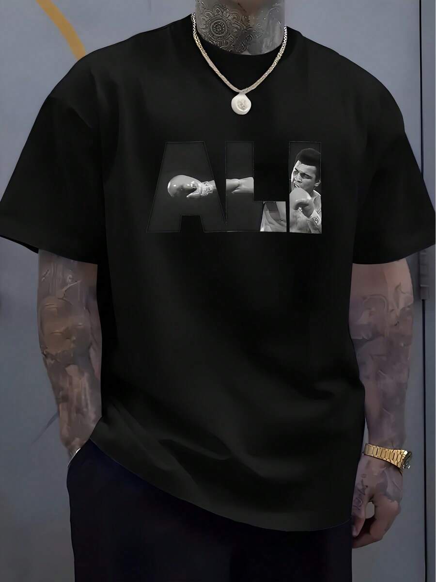 Men's Casual Boxing Graphic T-Shirt- Soft Breathable, Summer Tee With Ali Tribute Print, Regular Fit Round Neck For Gym& Casual Wear - màu đen - Xem 1