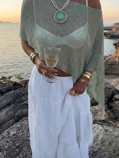 FOR BEAUTY קיץ חדש לנשים עם צלעות אחידות בצבע ירוק זית, עיצוב שוליים אסימטרי, בד סריג מבריק ועדין, קל משקל ונושם, גזרה מעט רחבה מתאימה למגוון סוגי גוף, טופ בסגנון קז'ואל וחופשה, מתאים לחג, בוהו, סקסי, בגדי קיץ לנשים