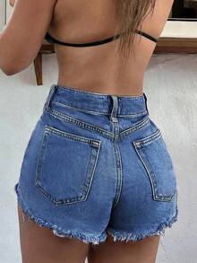 Asymmetrical Frayed Hem Distressed Ripped Wide Leg Denim Shorts, Sexy Style - Dark Wash - View 5