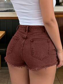 Women's Casual Pocketed Button Distressed Denim Shorts, Versatile For Daily Wear - Brown - View 3