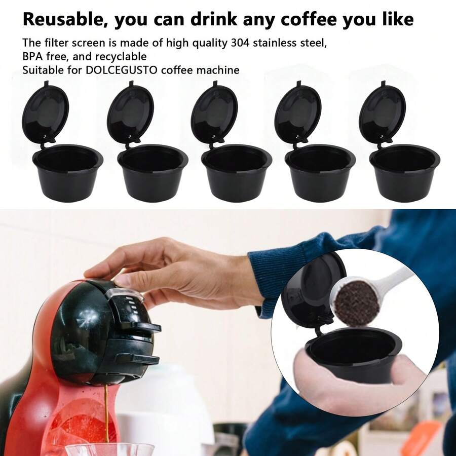 5Pcs 50ml Coffee Capsule Reusable Coffee Filter Cup With Spoon For DOLCE Coffee MachineBlack,Coffee Service Coffee Accessories - View 1