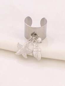 1pc Stainless Steel Starfish Shell Rings For Women Fashion Starfish Finger Open Ring Ocean Vacation Waterproof Jewelry - Ring - View 3