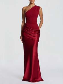 Elegant Off-Shoulder Spring/Summer Women's Dress, Satin Patchwork, Fashion Outgoing, Wedding, Party, Club Dress - Red - View 3