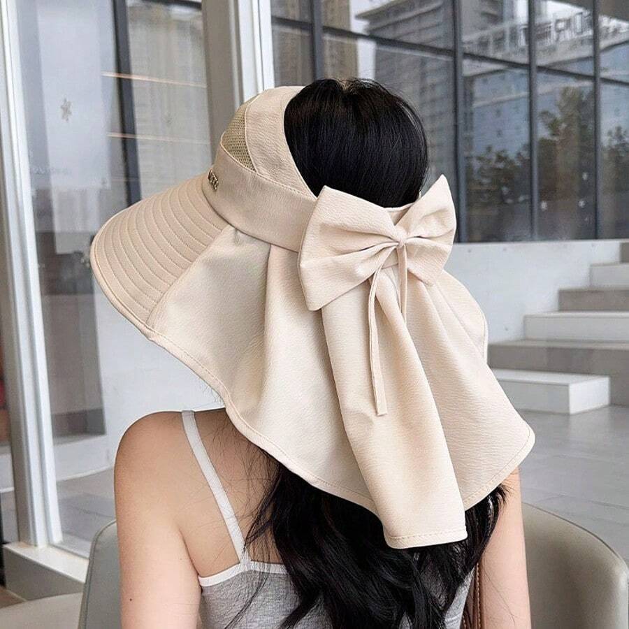 1pc New Large Brim Sun Hat For Women, Face & Neck Protection, UV Blocking, Bowknot Decor Bucket Hat,Accsesories - Multicolor - View 1
