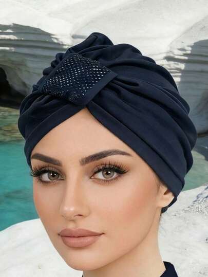 Women's Solid Color Muslim Headscarf With Rhinestone Decoration