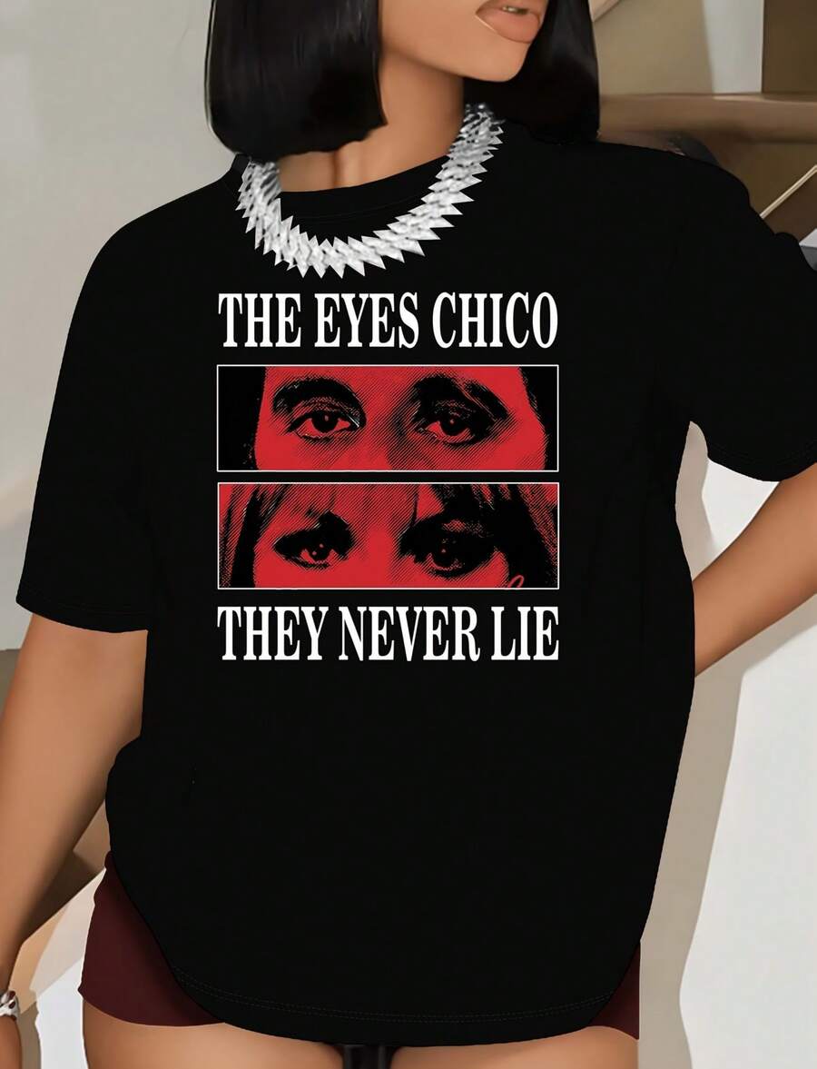 Women'The Eyes Never Lie Face Print T-Shirt - Casual Short Sleeve Round Neck Summer Top Suitable For Casual Attire & Professional Settings - Soft Portrait Tee - màu đen - Xem 1