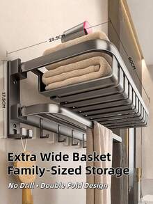 可折叠毛巾架，无需钻孔即可壁挂安装，带挂钩，节省空间的浴室收纳架 - 彩色 - 查看 1