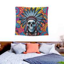 Headdress Skeleton Wall Tapestry – Boho Skull Art Wall Hanging For Bedroom Dorm,   Decor,Gothic Spiritual Home Tapestries - Multicolor - View 3