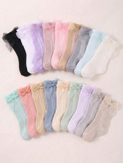 8/1 Pair Baby Girls Over-The-Knee Socks With Bow Decor, Princess Style Mid-Calf Socks With Lace Trim, Comfortable & Breathable, Suitable For 0-36 Months, Multicolor Set Includes Red, White, Black, Pink, Gray