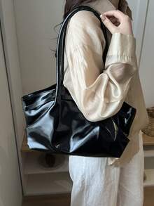 时尚百搭新款手提包，时尚单肩斜挎包，小众设计休闲女包，复古托特包 - 黑色 - 查看 7