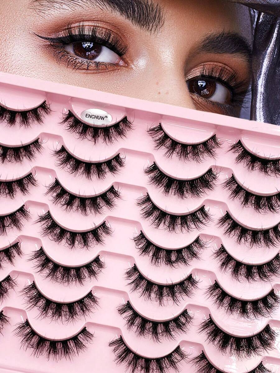 ENCHUW 14对蓬松浓密交叉式夸张假睫毛，卷翘仿貂毛睫毛 - 黑色 - 查看 1
