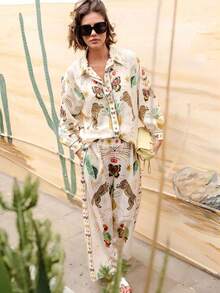 Women's Spring And Summer Thin Two Pieces Casual Leopard Print Long Sleeve Shirt And Pants Two Pieces Suit - Champagne - View 4