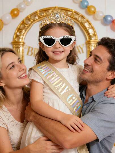 3件套 - 女孩生日绶带、皇冠和眼镜套装，粉色生日皇冠和绶带，闪亮生日快乐装饰配饰服装派对用品