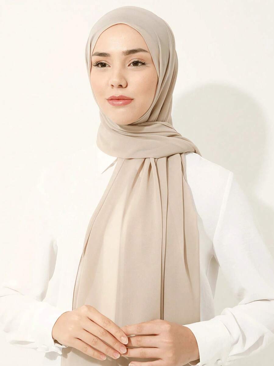 1pc Women Abaya Accessories Solid Color Chiffon Scarf Simple & Fashionable Wrap Accessories Women Soft Hijab,Women - 杏 - 查看 1