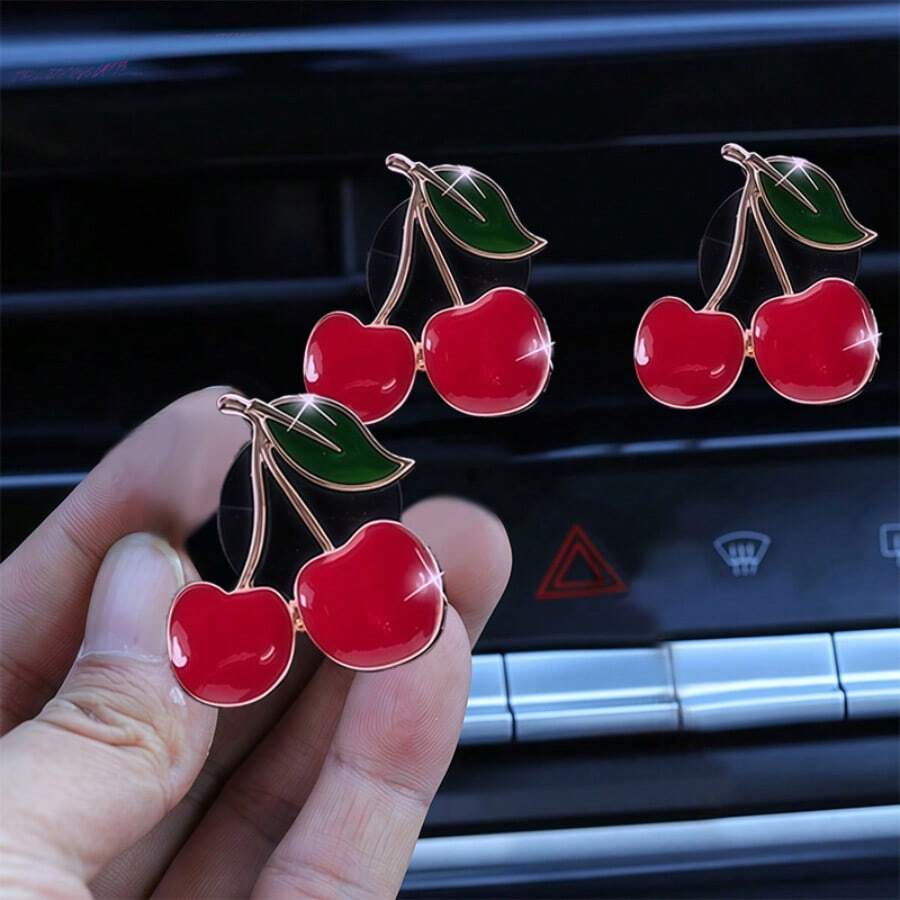 3 piezas Clip de ventilación de aire de metal y resina con diseño de cereza, accesorio de decoración interior de coche de instalación sencilla para mejorar el ambiente de la cabina - 3 clips decorativos para ventilación de aire de cerezo - Ver 1