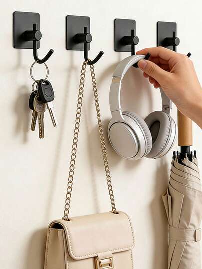 Móc treo tường màu đen hiện đại, chắc chắn, dễ lắp đặt cho nhà bếp, phòng tắm, vòi sen và giá treo áo khoác, thiết kế gắn tường thời trang, lưu trữ đồ dùng phòng tắm, lắp đặt không cần dụng cụ, vật dụng thiết yếu cho gia đình.