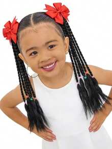 2pcs KidsTwists Braid Synthetic Double Ponytail Wig Braid Girl Bow Tie Skin Strand Tie Hair Twist Braid Sweet Hair Ornament - Natural Black - View 4