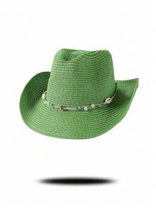 Mũ cao bồi rơm màu be kiểu dáng thời thượng, chất liệu rơm thoáng khí với viền hạt vỏ sò và ngọc lam, vành rộng kiểu cổ điển, phù hợp cho bãi biển, lễ hội âm nhạc, trang phục du lịch để tạo nên vẻ ngoài giản dị nhưng tươi mới. - mũ đội đầu - Xem 21