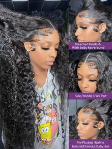 34Inch Curly 13x4 HD Transparent Lace Wigs Human Hair  Deep Wave Put On And Go Glueless Wigs Pre Plucked Pre Cut  Lace Wig For Women 200% Curly Wave Nautural Black - Natural Black - 查看 5