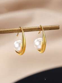 C形水滴珍珠银耳环，简约别致风格，适合派对和日常佩戴 - 彩色 - 查看 2