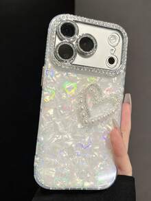 Luxury Bling Glitter Laser Rhinestone Pearl Heart Pearl 3D Phone Case Compatible With IPhone 17 Pro Max 16 15 14 13 Pro Max Girl Lens Protection Phone Fresh Lovely Protective Cover - White - View 2