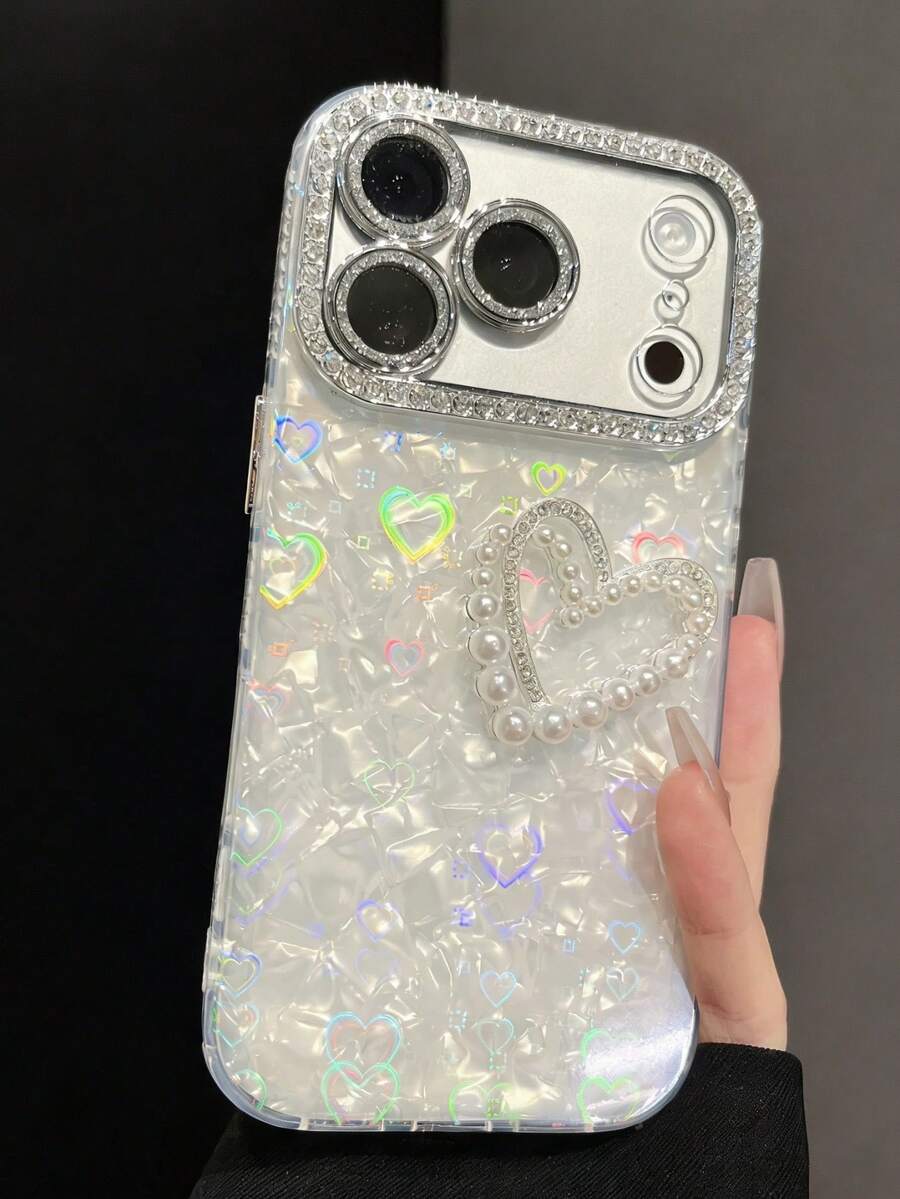 Luxury Bling Glitter Laser Rhinestone Pearl Heart Pearl 3D Phone Case Compatible With IPhone 17 Pro Max 16 15 14 13 Pro Max Girl Lens Protection Phone Fresh Lovely Protective Cover