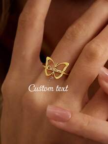 1pc Customized Butterfly Name Ring, Fashionable & Elegant Butterfly Name Open Ring, 304 Stainless Steel Jewelry, Personalized Butterfly Name Ring, Women's Casual Daily Vacation Valentine's Day Gift - Gold - View 3