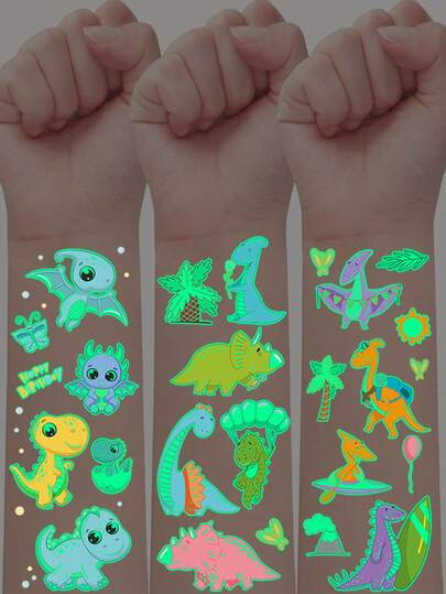 5Pcs Glow-In-The-Dark Tattoo Stickers Featuring A Dinosaur Series Of Temporary Tattoos, Including 60 Cute Cartoon Designs Of T-Rex, Ankylosaurus, Stegosaurus, Triceratops, And Pterosaurs. They Are Waterproof And Last For 2-5 Days