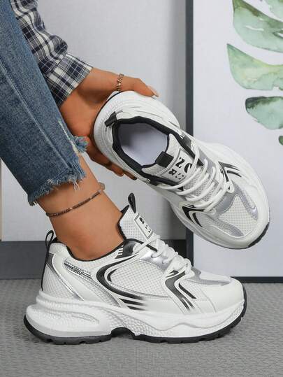 新款厚底休闲运动鞋，银灰色撞色高端厚底减震皮革网布拼接，透气通勤步行多功能厚底运动鞋