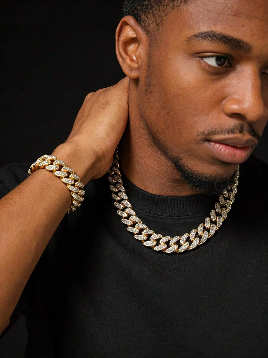 1pc 13mm Wide Men's Classic Full Diamond Cuban Link Chain Necklace & Bracelet Set - Style a - View 1