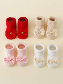 4 Pairs Baby/Toddler Girls' Cute Bow Decor Cotton Blend Ankle Socks, All Season - Multicolor - View 8