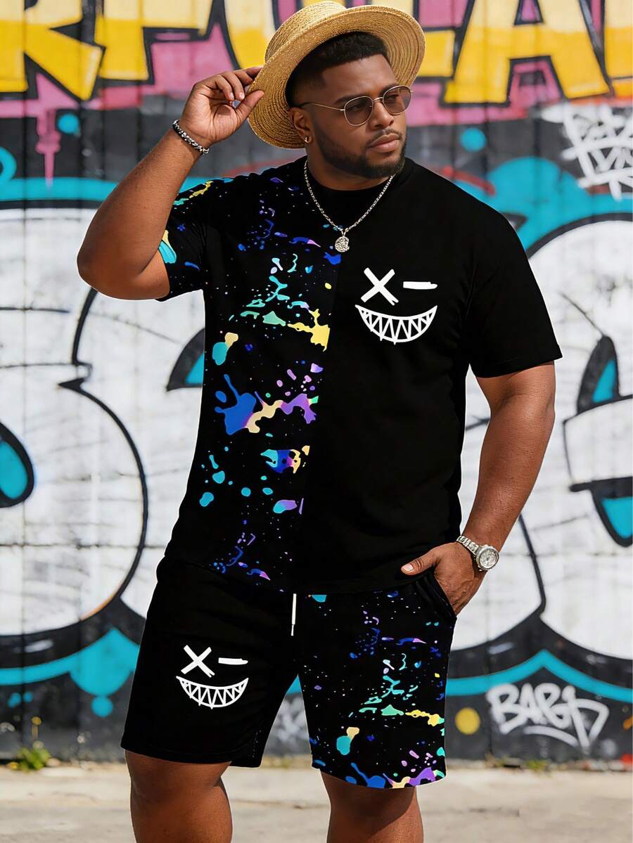 彩色渐变印花加大码男士短裤和T恤运动套装，夏季时尚人脸印花和AB彩印花加大码两件套，适合跑步和锻炼的百搭休闲装 - 彩色 - 查看 1