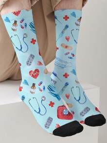 1-Pack 360-Print Nurses' Day Themed Socks – All-Season Unisex Novelty Socks, Fashionable Streetwear Style Crew Socks - Multicolor - View 27