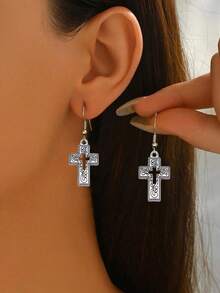 复古雕花十字架耳环，夸张的宗教风格时尚耳环，女士款 - 銀色 - 查看 2