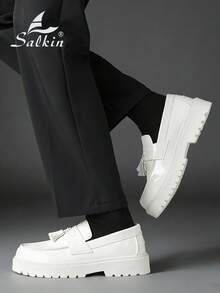 Salkin New Fashion Designer Men's Slip-On Loafers With Tassels, Elegant Gentleman Social Shoes, Glossy Patent Leather, Soft & Comfortable, Pearl White Color, Casual Daily Wear, Back To School Student Style, Thick Sole Height Increasing, Business Formal Dress Shoes, Suitable For Office, Party, Wedding, Holiday Gift, Spring/Summer/Autumn, Size Runs Small, Please Order One Size Up - White - View 4