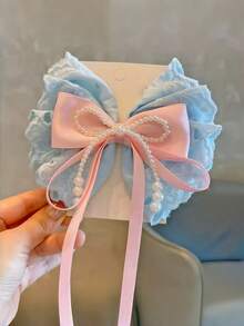1 buah Jepit Rambut Anak Perempuan Elegan & Manis dengan Hiasan Pita Renda dan Mutiara - Baby Blue - View 3