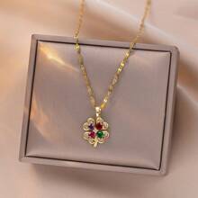 1 chiếc mặt dây chuyền hình cỏ bốn lá màu vàng đồng, trang sức thanh lịch, ngọt ngào, mang lại may mắn, thích hợp cho hẹn hò và đeo hàng ngày (Đóng gói trong túi OPP) - Vàng - Xem 5