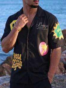 男士街头时尚多巴胺图案T恤，复古卡通爱心印花短袖上衣，休闲宽松沙滩度假衬衫，前卫Y2K夏季穿搭 - 彩色 - 查看 1