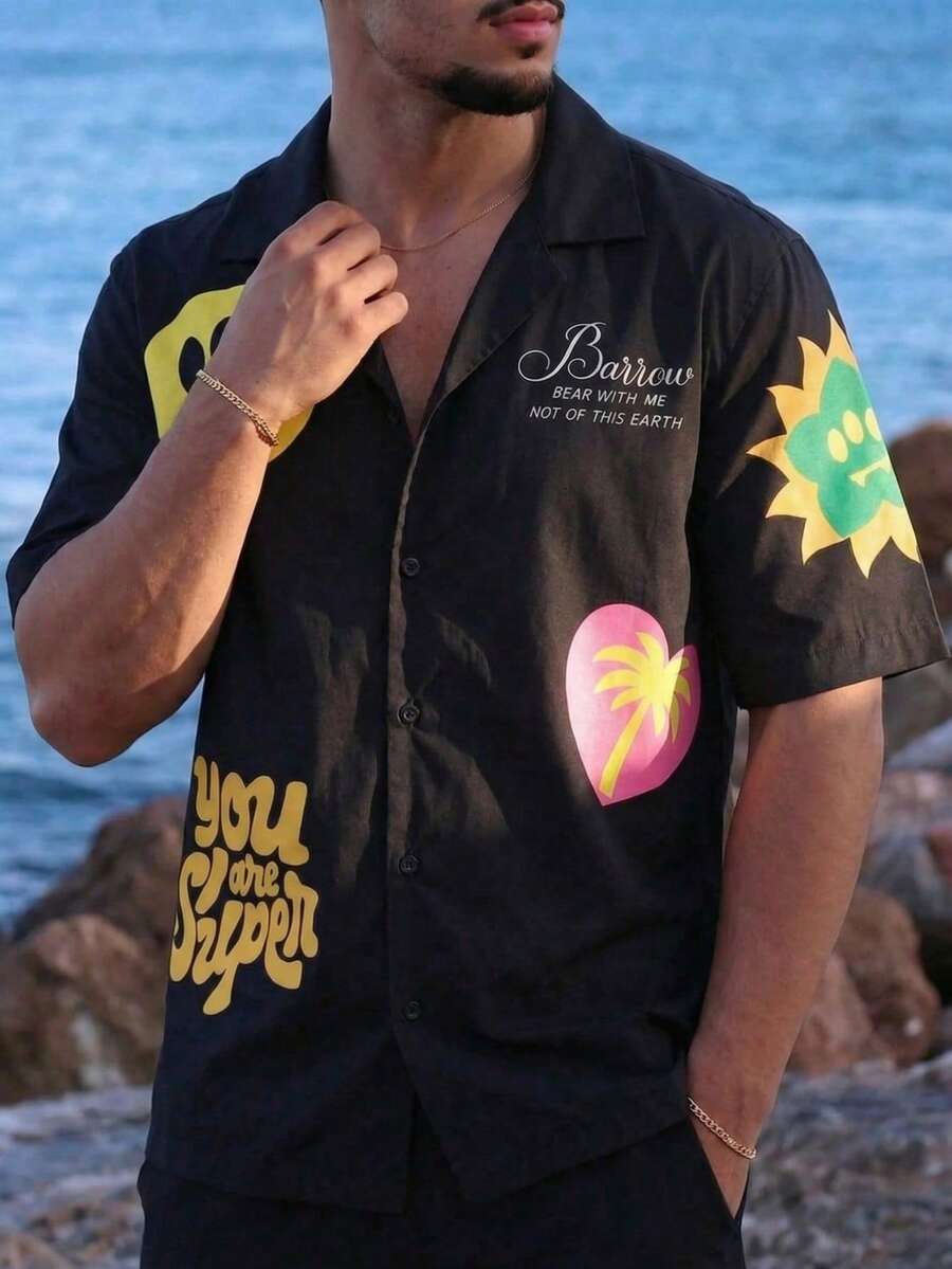 男士街头时尚多巴胺图案T恤，复古卡通爱心印花短袖上衣，休闲宽松沙滩度假衬衫，前卫Y2K夏季穿搭 - 彩色 - 查看 1